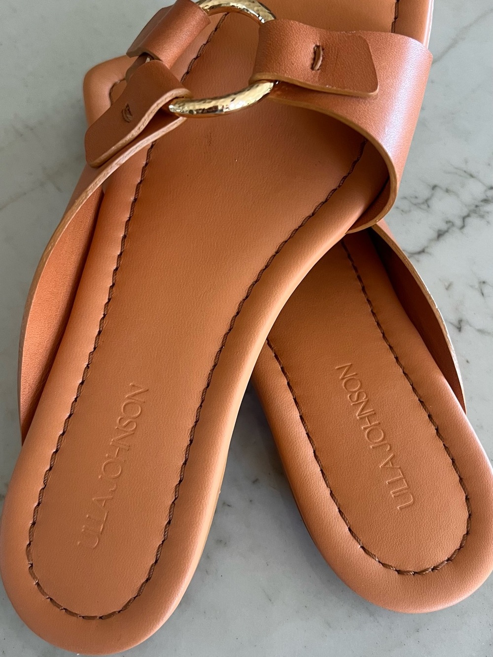 Ulla Johnson Cognac Leather Slide Sandals with Gold Ring - Picture 2 of 5